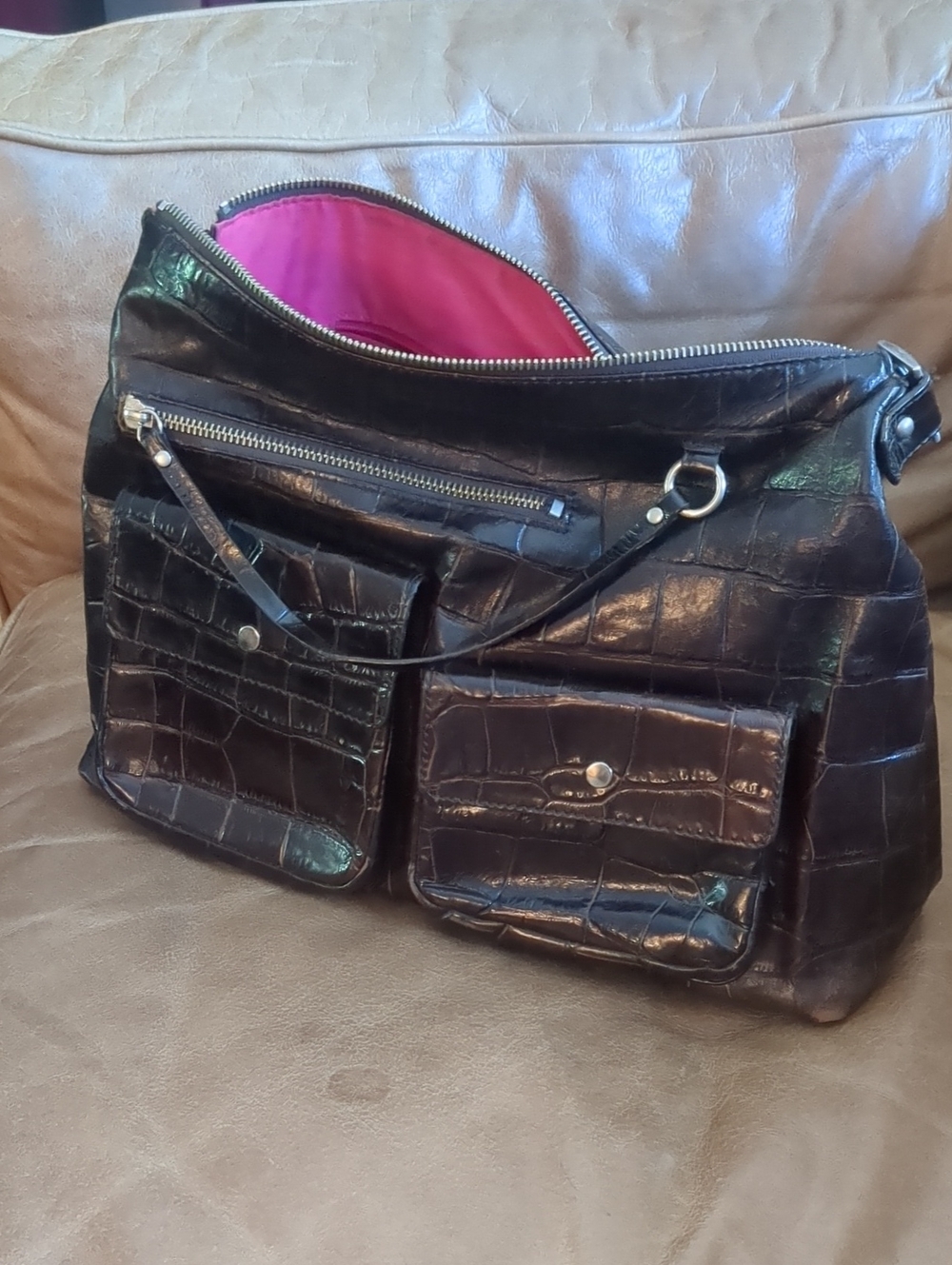 Y2K Leather Croc Shoulder Bag with Pink Interior